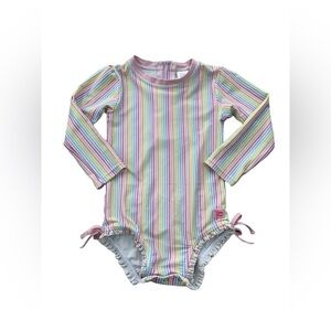 RuffleButts Size 3T Rainbow Striped Long Sleeve One Piece Rash Guard Swimsuit